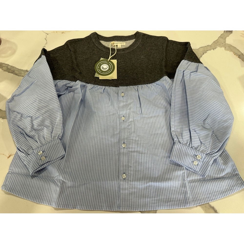 The Sunday Collective Kids Mixed Media Knit Poplin Top Grey‎ Blue Stripe 12-13Y